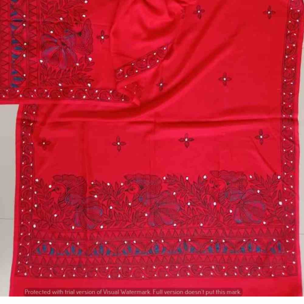 Maadhubani Painting Red Colour Stole - Peacock